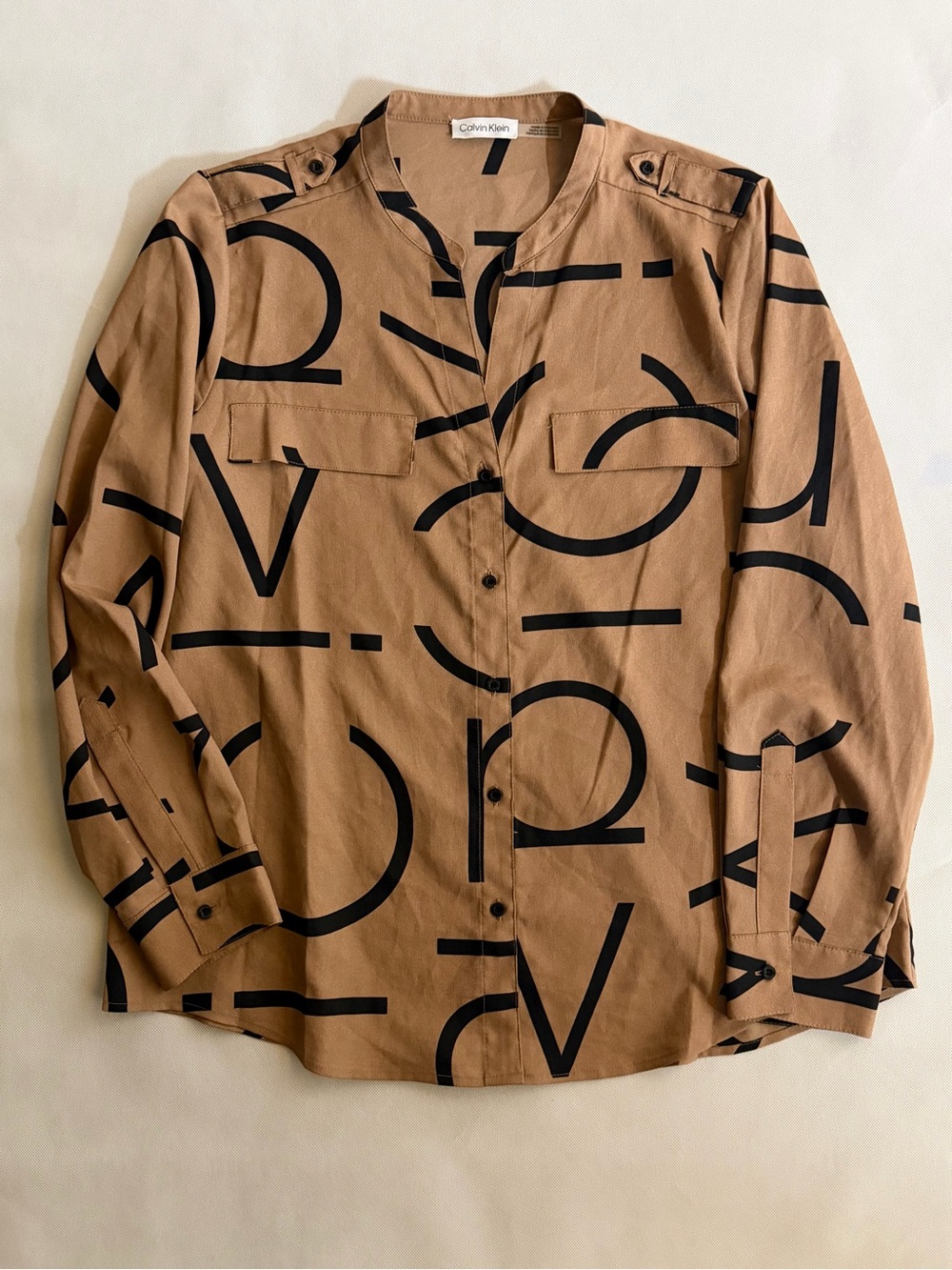 Calvin Klein Abstract Logo Print Button Front Blouse Tan Black Size L